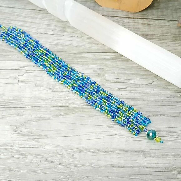 Boho Chic Beaded Bracelet, Green & Blue Seed Bead Jewelry, Herringbone 6" - Picture 4 of 7